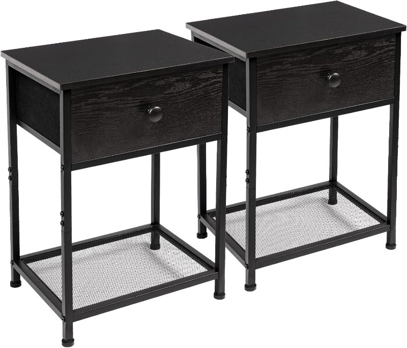 Photo 1 of AMHANCIBLE Black Nightstands Set of 2, Small End Side Tables with Fabric Drawer, Industrial Slim Night Stands with Storage Shelf, Bedside Tables for Bedroom, HET03SDBK