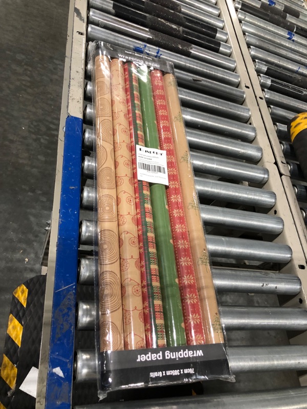 Photo 2 of RUSPEPA Christmas Wrapping paper - Brown Kraft Paper with Red and Green Pattern For -Christmas Elements Collection-6 Roll-30Inch X 10Feet Per Roll Kraft 6