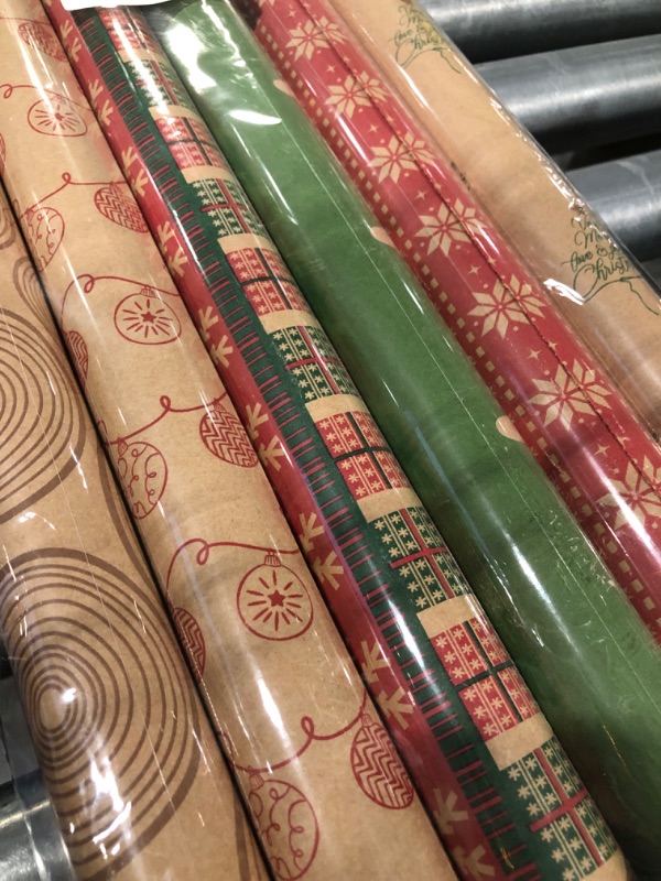 Photo 3 of RUSPEPA Christmas Wrapping paper - Brown Kraft Paper with Red and Green Pattern For -Christmas Elements Collection-6 Roll-30Inch X 10Feet Per Roll Kraft 6