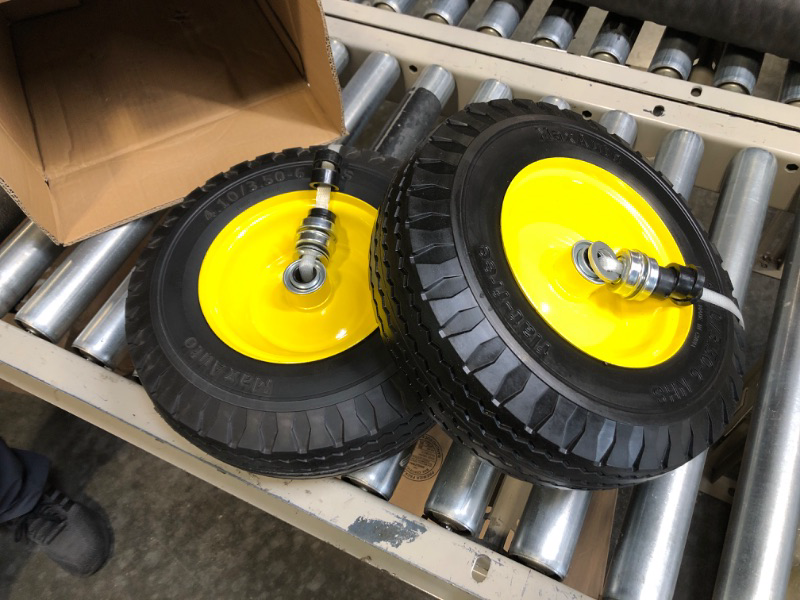 Photo 3 of MaxAuto 2 Pcs 4.10/3.50-6" Flat Free Tire, Hand Truck/All Purpose Utility Tire on Wheel, 3" Centered Hub, 3/4" Bearings, Yellow Steel