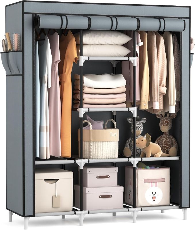 Photo 1 of **SIMILAR** Portable Closet Wardrobe for Hanging Clothes with 6 Storage Organizer Shelves,Sturdy Large Wardrobe Closet for Bedroom Free Standing Clothes Rack with Cover, Grey, SIZE: 130x45x175CM
