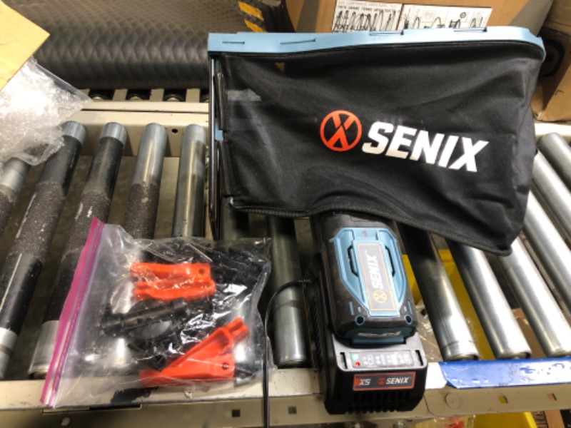 Photo 4 of  **HEAVILY DAMAGED BOX** SENIX LPPX5-L X5 58V Max* 15-Inch Electric Lawn Mower with Brushless Motor, 6-Position Height Adjustment, Includes 12-Gallon Bagger, 2.5Ah Lithium Ion Battery, and Charger

