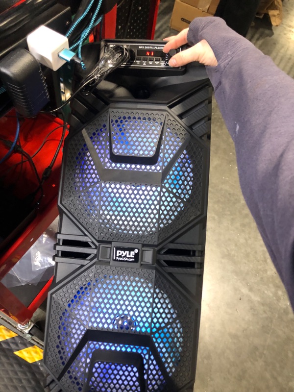 Photo 4 of Pyle Bluetooth PA Speaker System - 600W Rechargeable Outdoor Bluetooth Speaker Portable PA System w/ Dual 8” Subwoofer 1” Tweeter, Microphone In, Party Lights, USB, Radio, Remote - Pyle PPHP2836B Speaker System Speaker System