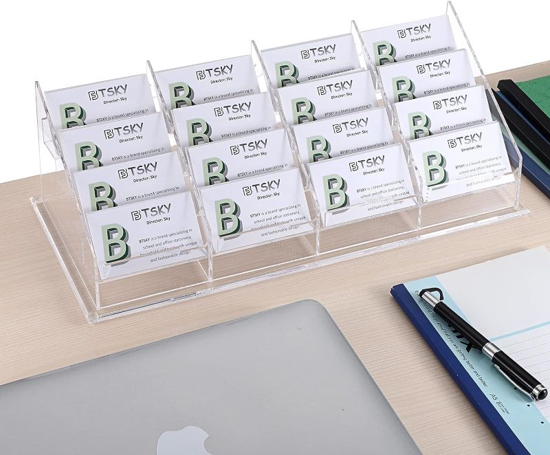 Photo 1 of BTSKY Clear Acrylic Business Card Holder for Desk, 4 Tier 16 Pockets Acrylic Business Card Stand Organizer Premium Thickened Acrylic Business Card Display Holder Name Cards Holders Fits 2.2 x 3.7 Inch
