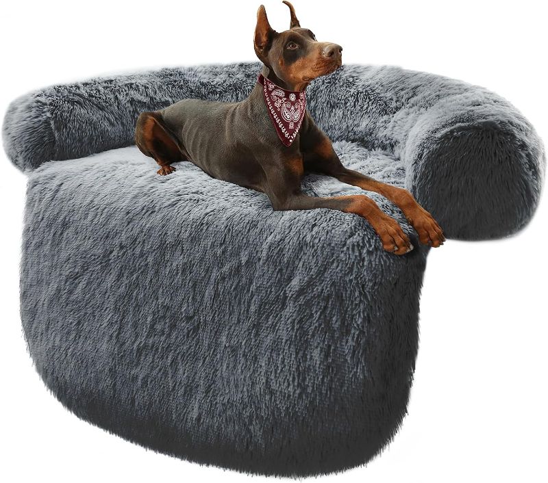 Photo 1 of Auvce Fluffy Calming XL Dog Bed Deluxe Anti-Anxiety Plush Dog Mat Dog Couch Cover for Furniture Protector with Removable Pillow & Washable Cover, 45''x37''x7.5'', Dark Grey
