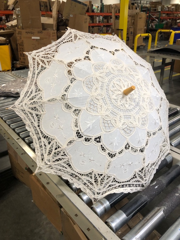 Photo 3 of SQOIKOS Ivory Lace Parasol Umbrella Vintage Wedding Bridal Lace Umbrella for Decoration Photo Tea Party Adult Size