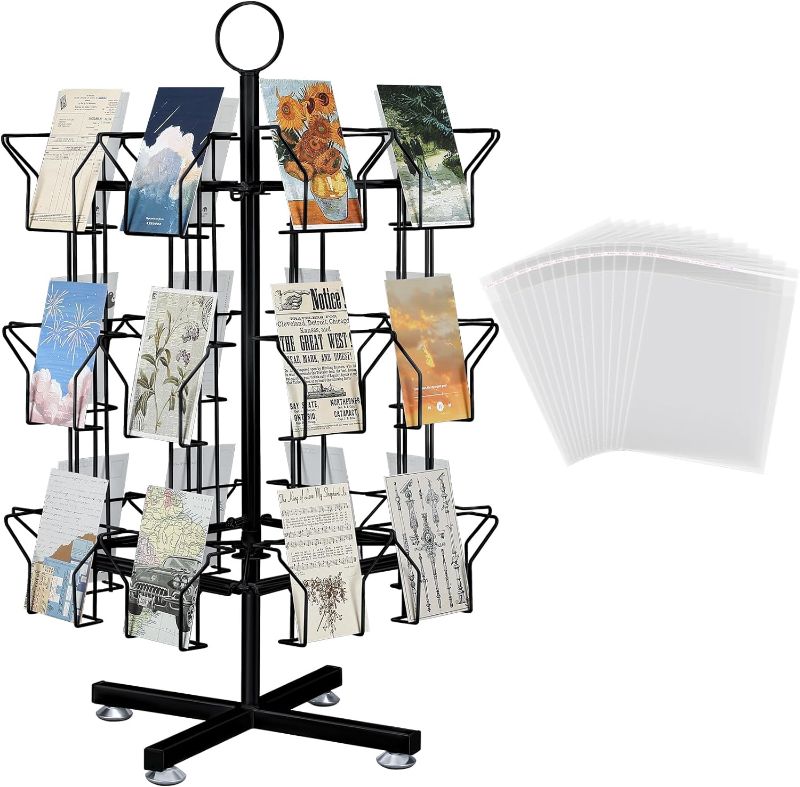 Photo 1 of Geelin 24 Pocket Greeting Card Display Stand, Fits 5 x 7 Rotating Countertop Card Display Rack with 200 Clear Sleeves Bags 3 Tier Spinner Floor Stand Rack for Christmas Birthday Display (Black)