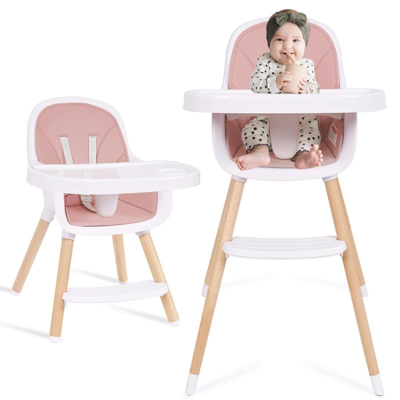 Photo 1 of Baby High Chair, 3-in-1 Convertible Wooden High Chair with Adjustable Legs & Double Dishwasher Safe Tray, High Chairs for Babies and Toddlers, Made of Sleek Hardwood & Premium Leatherette