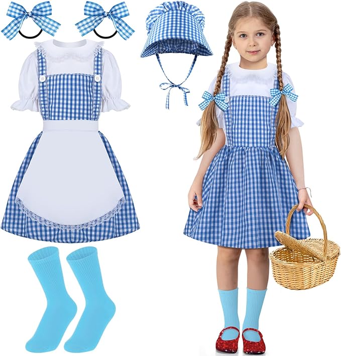 Photo 1 of 6 Pcs Halloween Dorothy Costume for Girls Blue Gingham Dress Bonnet Bows Sock for Fairy Tale Costume Halloween Cosplay