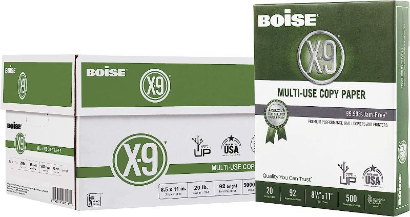 Photo 1 of Boise® X-9® Multi-Use Print & Copy Paper, Letter Size (8 1/2" x 11"), 92 (U.S.) Brightness, 20 Lb, White, 500 Sheets Per Ream, Case Of 10 Reams 10 Reams 8.5 x 11, 20 lb.