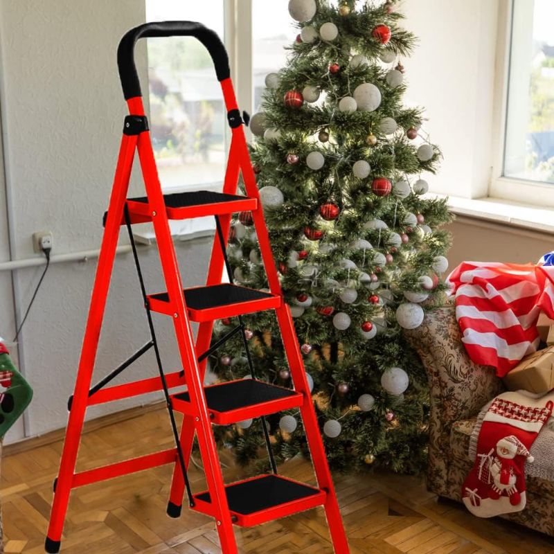 Photo 1 of 4 Step Ladder, Folding Step Stool with Wide Anti-Slip Pedal,Red Lightweight Collapsible 4 Stair Ladder for Adults Home Kitchen Pantry Office