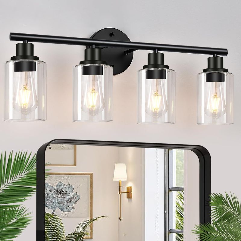 Photo 1 of 4-Light Bathroom Light Fixtures, Matte Black Modern Vanity Lights Over Mirror with Clear Glass Shade, Bathroom Wall Lamp for Mirror Kitchen Living Room Hallway Cabinet Porch Bedroom Reading room
