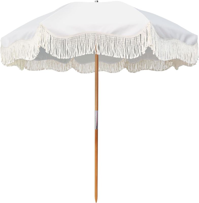 Photo 1 of AMMSUN Beach Umbrella with Fringe - Upgraded Version for Beach,6.5ft Boho Holiday Umbrella, UPF 50+ Blocks 98% UV, 8 Sturdy Steel Ribs, Premium Wood Pole & Carry Bag, Elegant White
