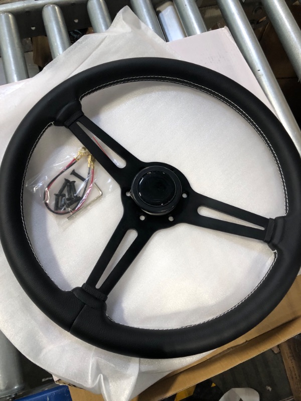 Photo 3 of Universal Flat Drift Steering Wheel Wrapped Genuine Leather with White Stitching 14 inch Racing Sport Steering Wheel Black Spokes 5126H-black
