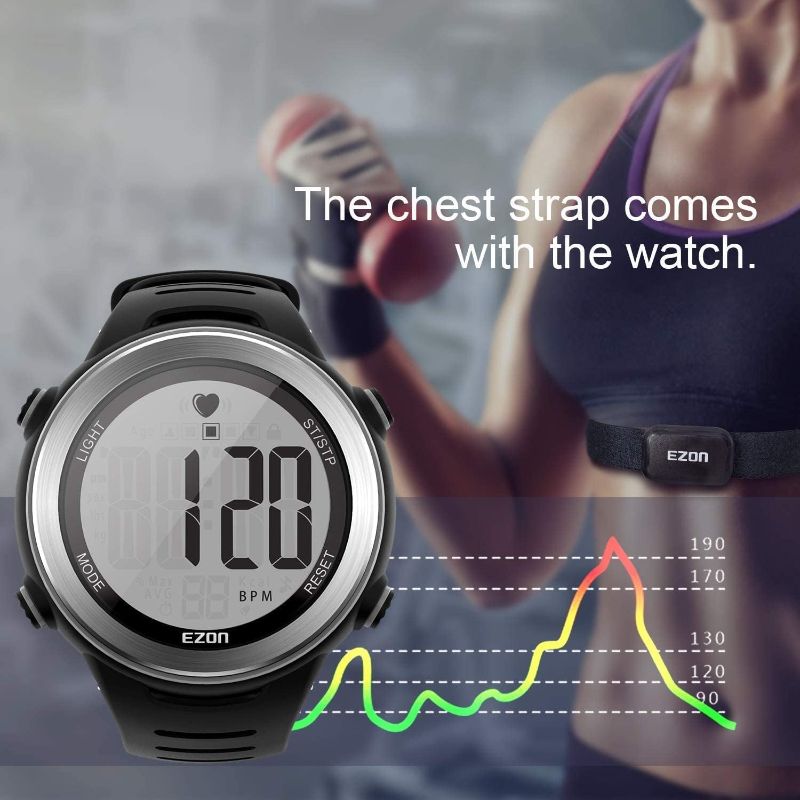 Photo 1 of EZON Heart Rate Monitor and Chest Strap, Exercise Heart Rate Monitor, Sports Watch with HRM, Waterproof, Stopwatch, Hourly Chime T007