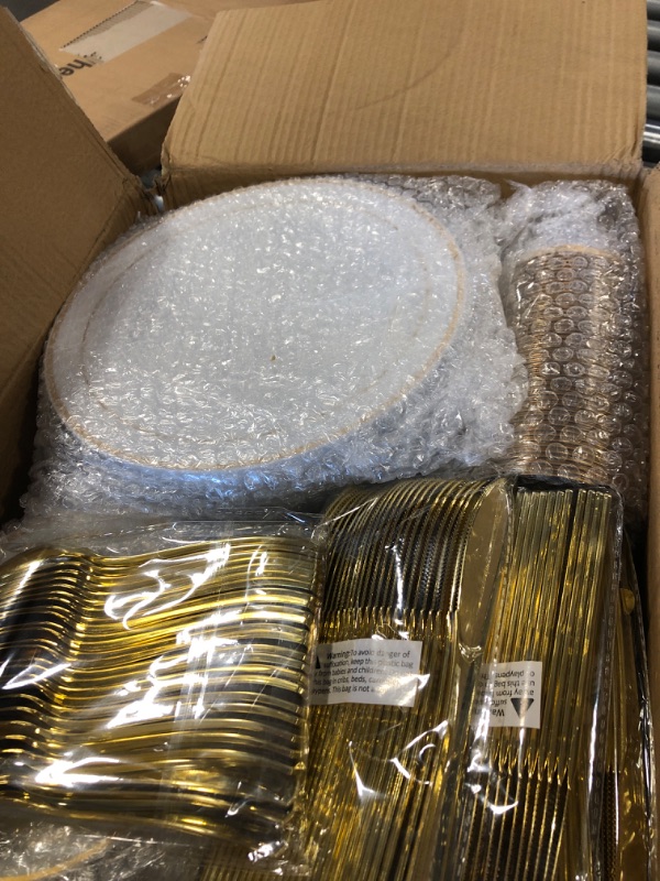 Photo 3 of 600 Piece Gold Dinnerware Set 100 Guests, Disposable Gold Rim Plates, 100 Dinner Plastic Plates, 100 Salad Gold Plates, 100 Gold Plastic Silverware, 100 Gold Plastic Cups Wedding Birthday Parties