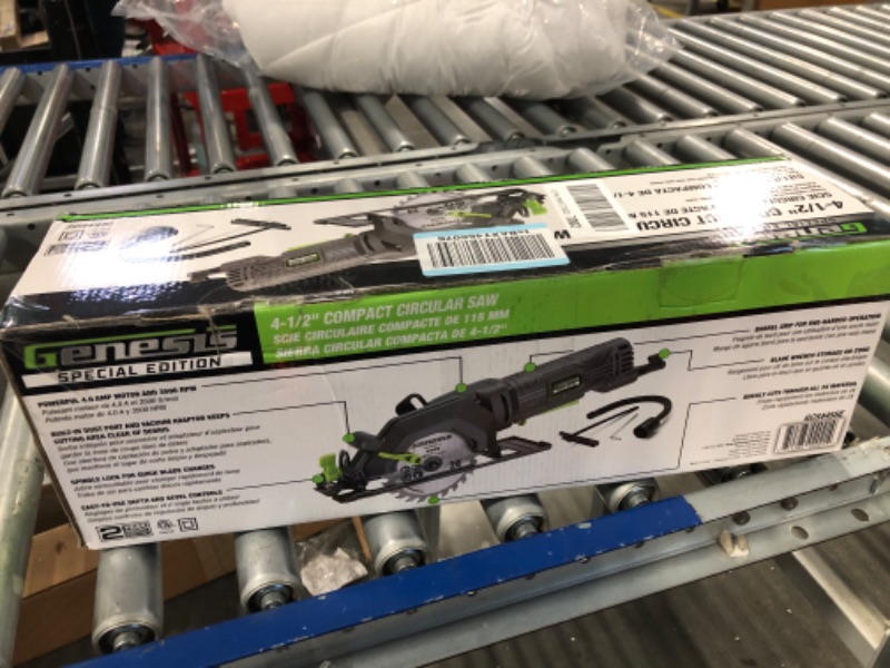 Photo 2 of Genesis GCS445SE 4.0 Amp 4-1/2" Compact Circular Saw with 24T Carbide-Tipped Blade, Rip Guide, Vacuum Adapter, and Blade Wrench & GACSB452 4 1/2" 60-Teeth High Speed Steel Circular Saw Blade Saw + Saw Blade