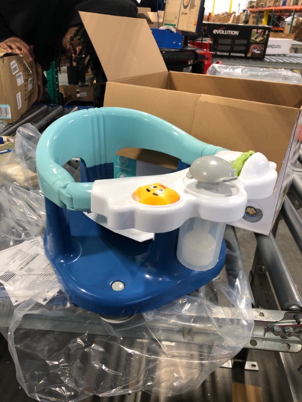 Photo 2 of Baby Bath Seat - 2 Rotating Toys + 1 Pressing Toy - Ergonomic Backrest - Side Opening Design - 4 Powerful Non-Slip Suction Cups - Ideal Gift for Infant 6 12 24 36 Months (Blue)