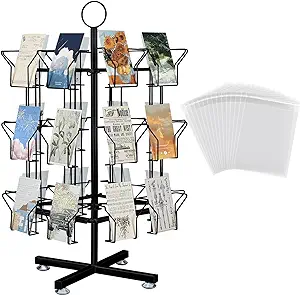 Photo 1 of Geelin 24 Pocket Greeting Card Display Stand, Fits 5 x 7 Rotating Countertop Card Display Rack with 200 Clear Sleeves Bags 3 Tier Spinner Floor Stand Rack for Christmas Birthday Display (Black)