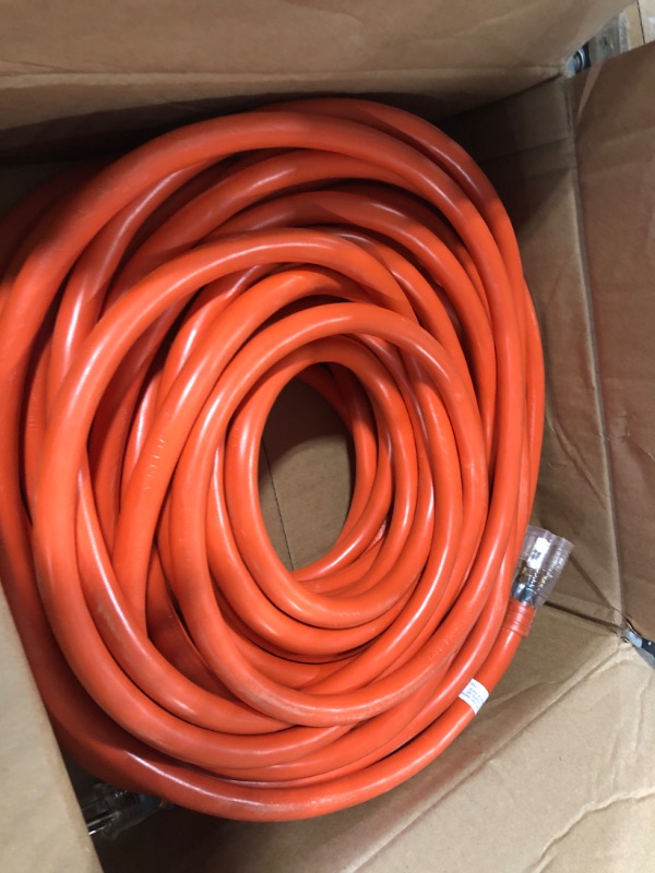 Photo 1 of Iron Forge Cable 100 Foot Lighted Outdoor Extension Cord - 10/3 SJTW Orange 10 Gauge Extension Cable with 3 Prong Grounded Plug for Safety, 15 AMP - Great for Garden and Major Appliances 100 Foot Orange