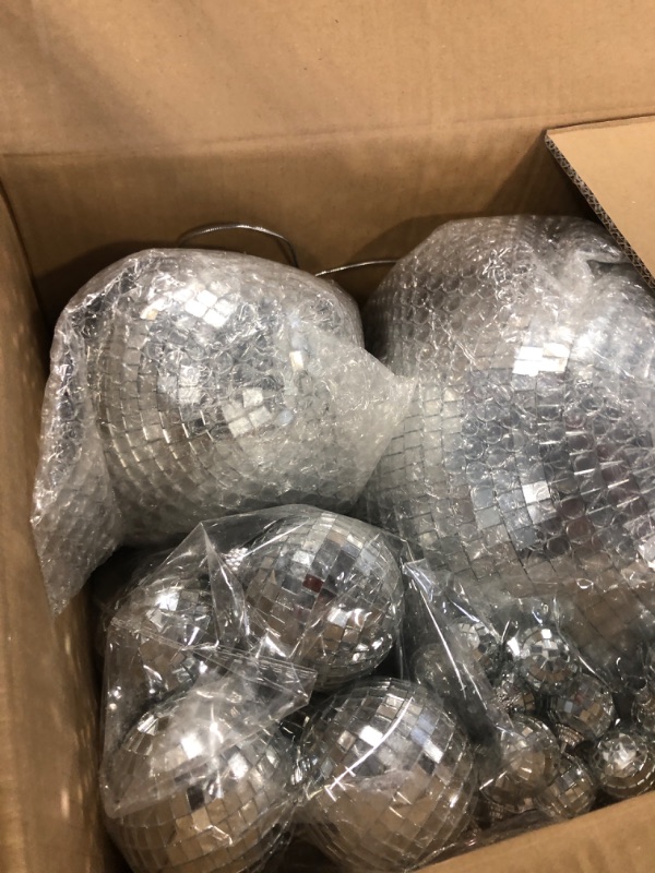 Photo 3 of 40 Pack Mirror Disco Ball in Variety Silver Hanging Glass Mirror Ball Light Ball with String Disco Hanging Ornament for Club Stage Bar Birthday 70s Party Decoration (12/ 6 / 3/ 2/ 1.2 Inch)