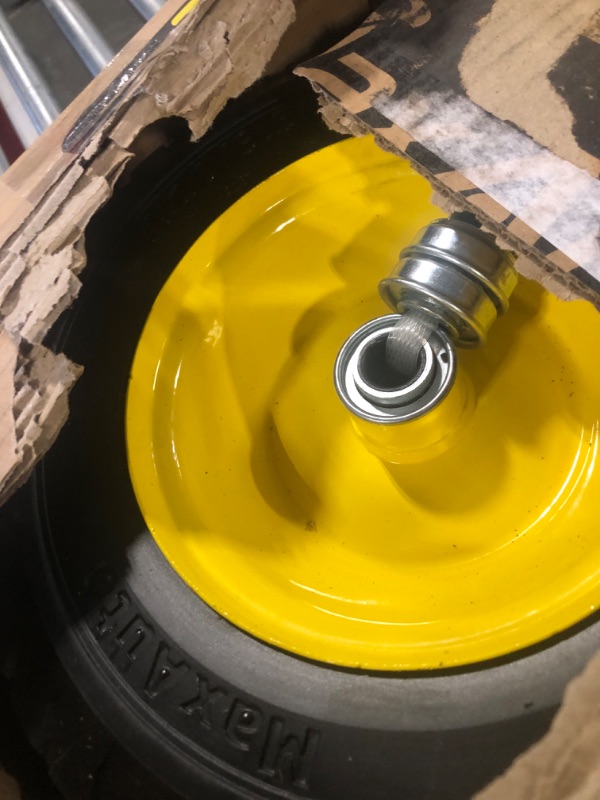 Photo 3 of MaxAuto 2 Pcs 4.10/3.50-6" Flat Free Tire, Hand Truck/All Purpose Utility Tire on Wheel, 3" Centered Hub, 3/4" Bearings, Yellow Steel