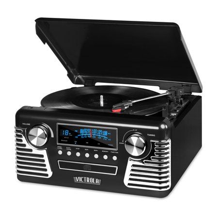 Photo 1 of Victrola 50's Retro Bluetooth Record Player & Multimedia Center, Black & Vintage Vinyl Record Storage and Carrying Case, Fits All Standard Records - 33 1/3, 45 and 78 RPM, Holds 30 Albums,Black Black Record Player + Carrying Case