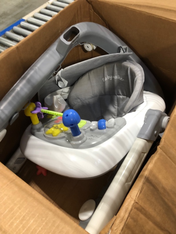 Photo 1 of Foldable Baby Walker, 3 in 1 Toddler Walker Bouncer, Learning-Seated, Walk-Behind, Music, Adjustable Height, High Back Padded Seat, Detachable Trampoline Mat, Activity Walker with Toys (Grey)