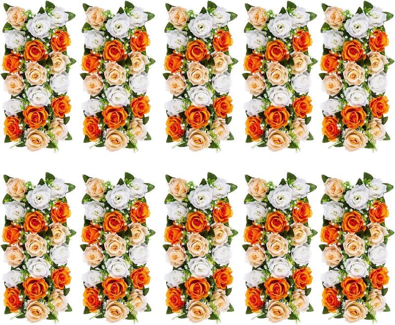 Photo 1 of BLOSMON Artificial Flowers Wedding Centerpieces Decorations Fake Flowers 10 Pcs Orange Silk Floral Arrangement Dinning Table Runner Centerpiece, Rose Flower for Room Reception Table Decor
