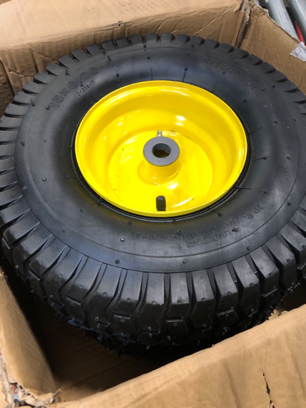 Photo 1 of (2 Pack) AR-PRO Exact Replacement 15" x 6.00 - 6" Front Tire and Wheel Assemblies for John Deere Riding Mowers - Compatible with John Deere 100 and D100 Series - 3” Hub Offset and 3/4” Bushings 15" x 6.00-6" Yellow