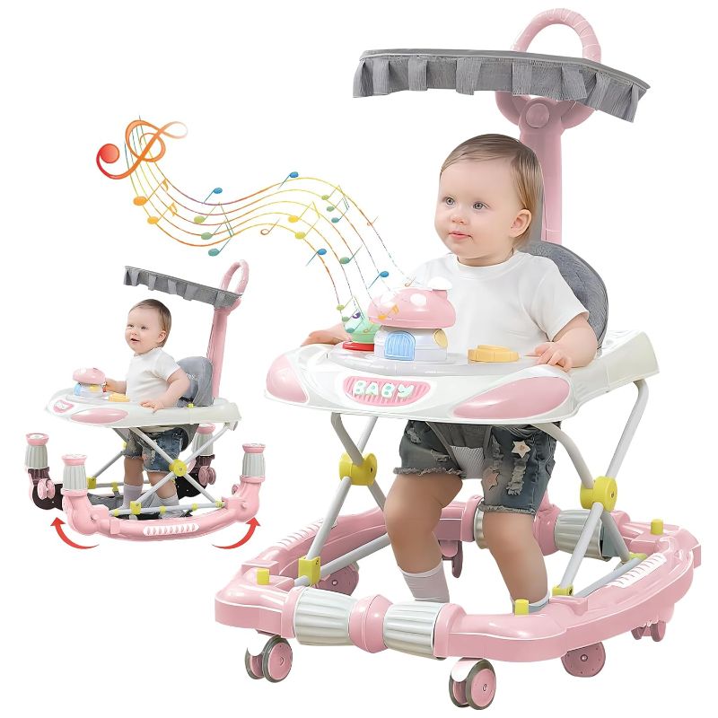 Photo 1 of Baby Walker, 4 in 1 Baby Walker with Wheels, Variable Rocking Horse, Walker for Baby boy Adjustable Height (8-17in) and Width, Baby Walkers for GIRL, Foot Pads/Handles, Portable Foldable (PINK)