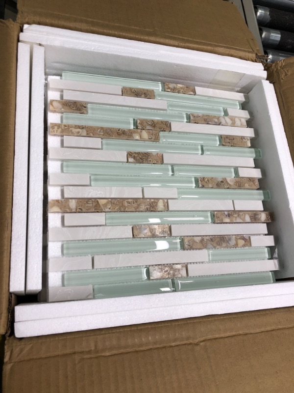 Photo 3 of Beach Style Wall Tile Mosaic Kitchen Backsplash Tiles Green Bathroom Silver Glass Conch Stone White Marble Iridescent Mosaic Art Deco Sheets [Pack of 11PCS(12.4x11.8x0.31 Inches/Each)] C.AEENCC0002-10 PCS(12.4x11.8x0.31 Inches/PCS)