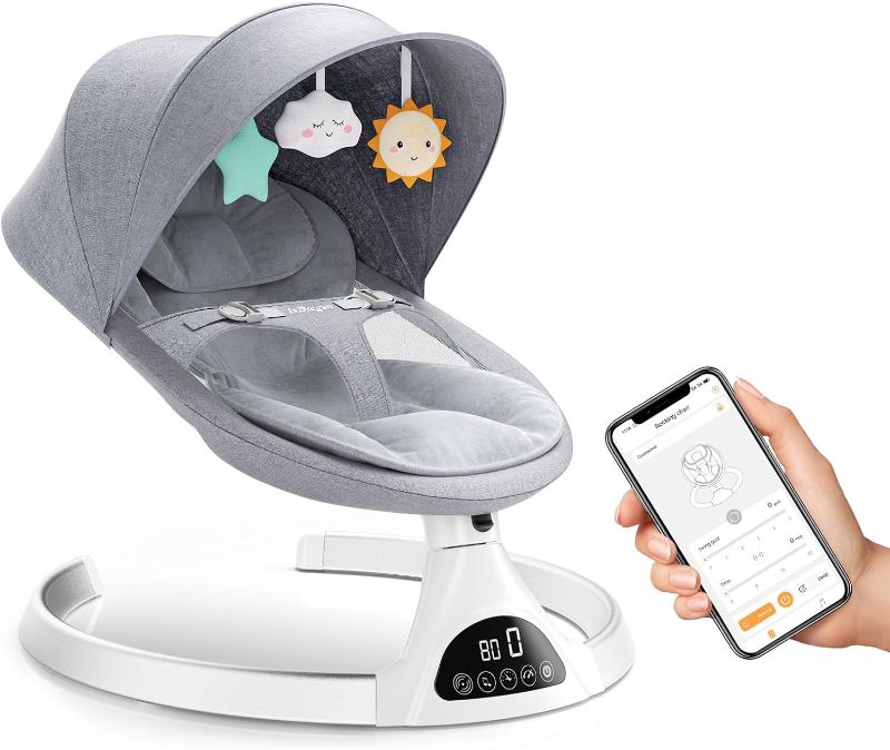 Photo 1 of Ixdregan Baby Swings for Infants - Exclusive App & Bluetooth Electric Baby Swing, Smart Sensor&Timing, 5 Speeds, 12 Preset Lullabies and Back-Up Pillow, Portable Baby Swing for Indoor/Outdoor(Grey)