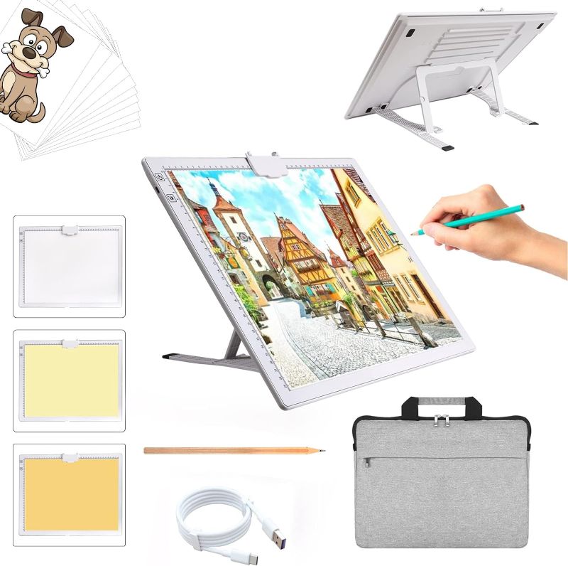 Photo 1 of A3 Rechargeable Light Pad with Case, TOHETO 2500mAh Battery Powered Light Board with Stand and Top Magnetic Clip 3 Colors Stepless Dimmable 6 Levels Brightness Light Box for Diamond Painting (White)