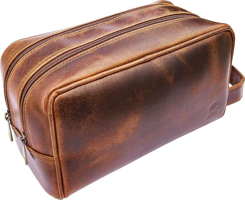 Photo 1 of RUSTIC TOWN Leather Toiletry Bag for Men - Travel Shaving Dopp Kit - Bathroom Shower Toiletries Organizer - Leather Cosmetic Bag for Women (Antique Brown)
