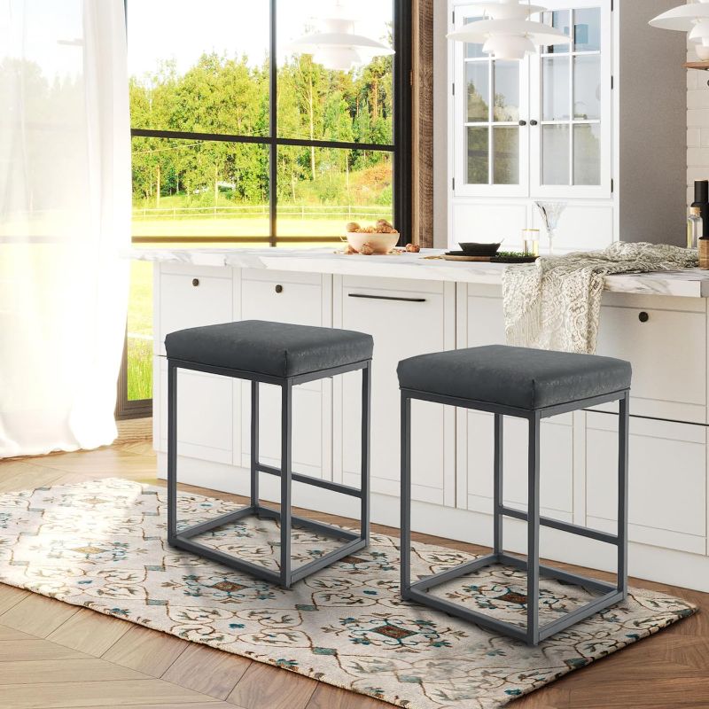 Photo 1 of ALPHA HOME 24 Inch Counter Height Bar Stools Set of 2, Upholstered Bar Stools for Kitchen Island, Counter Stools with Faux Leather Cushion and Sturdy Metal Frame, Modern Barstools, Black
