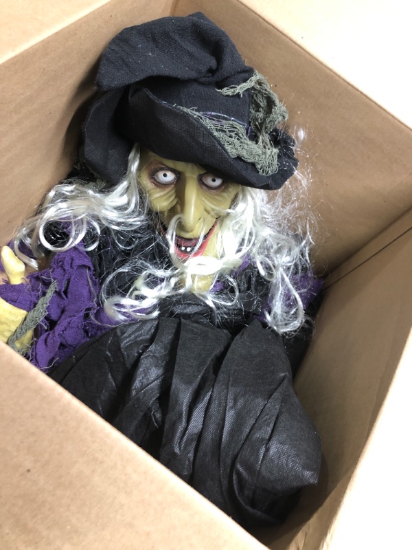 Photo 3 of 27 in. Battery Operated Poseable Animatronic Witch with Red LED Eyes Halloween Prop