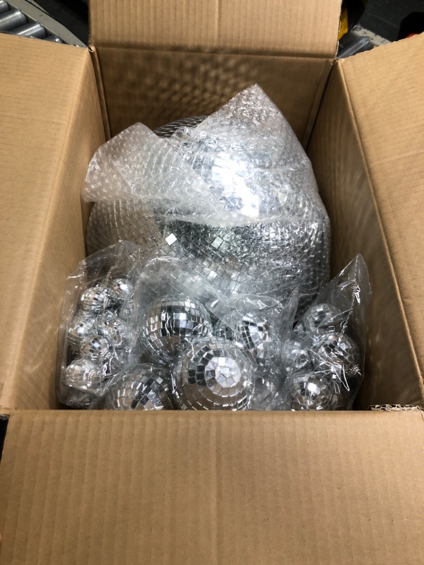 Photo 3 of 40 Pack Mirror Disco Ball in Variety Silver Hanging Glass Mirror Ball Light Ball with String Disco Hanging Ornament for Club Stage Bar Birthday 70s Party Decoration (12/ 6 / 3/ 2/ 1.2 Inch)