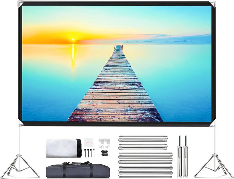 Photo 1 of Projector Screen and Stand - Velcolt Portable Video Projection Screen 100 inch, 16:9 4K HD Rear Front Foldable Outdoor Movie Screen with Carry Bag for Indoor Outdoor Home Theater Backyard Camping