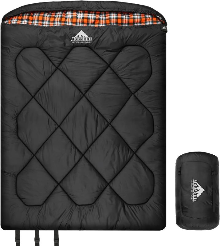 Photo 1 of AGEMORE 0 Degree Double Sleeping Bag for Adults,Cotton Flannel Lined 2 Person Cold Weather Queen Size Sleeping Bag, Double Wide Warm Sleeping Bag for Family Winter Camping Or RV Traveling
