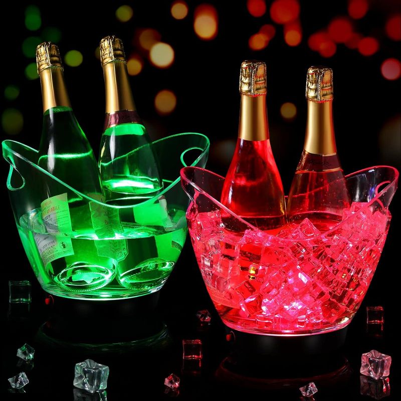 Photo 1 of 2 Pieces LED Ice Bucket Colorful Gradient Ice Bucket Portable Acrylic Beverage Tub Clear Drink Cooler with RGB Colors Change Power by 2 AA Batteries for Home Bar Chilling Beer Champagne Wine Party