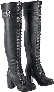 Photo 1 of Dream Apparel Women's Faux Leather Over The Knee Thigh High Boots, Black Lace Up Knee High Boots With Chunky Heel, Sexy Biker Boots with Buckle SIZE 10