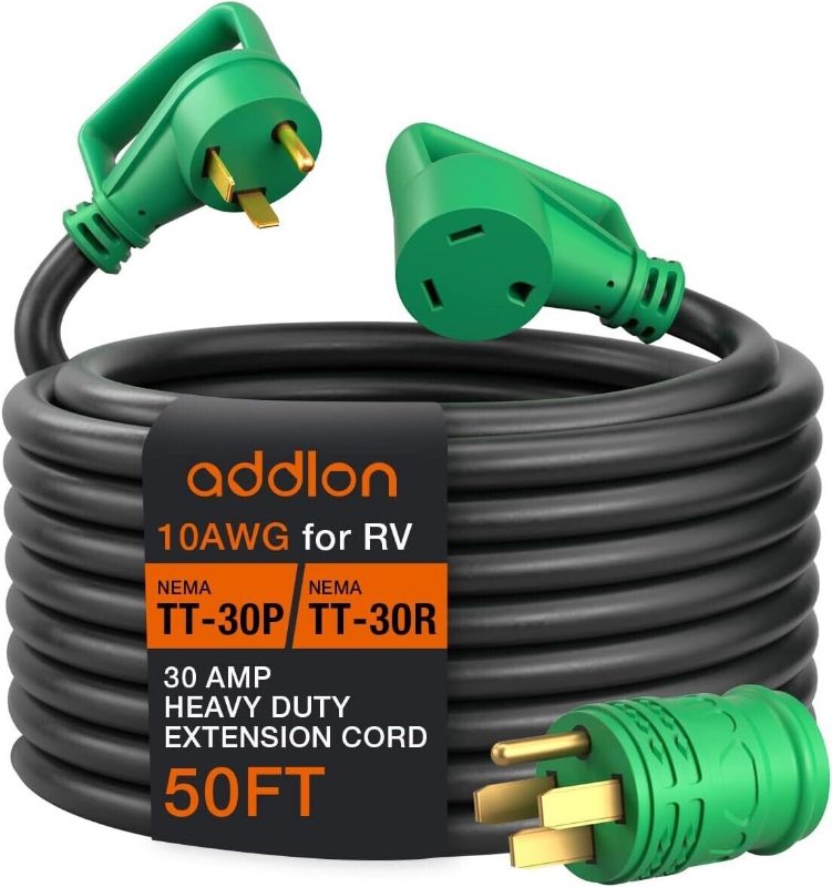 Photo 1 of 
Addlon 30 Amp 50 Feet Rv Extension Cord With Adapter 50m/30f, Heavy
addlon 30 Amp 50 Feet RV Extension Cord with Adapter 50M/30F, Heavy Duty 10/3 AWG Gauge STW Cord with Storage Bag and Cord Organizer, TT-30P/R Standard Plug **Ships free to the 