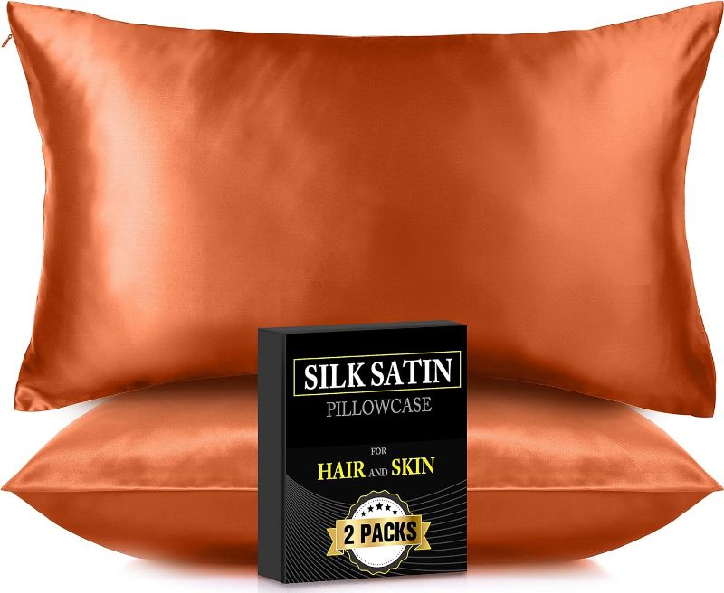 Photo 1 of 2 Pack Silk Satin Pillowcase for Hair and Skin, Softer Cooling Silk Pillow Case Hidden Zipper, Smooth Satin Pillow Case Cover, Valentines Day Gifts for Women Men,Orange Sunset 20''x26''
