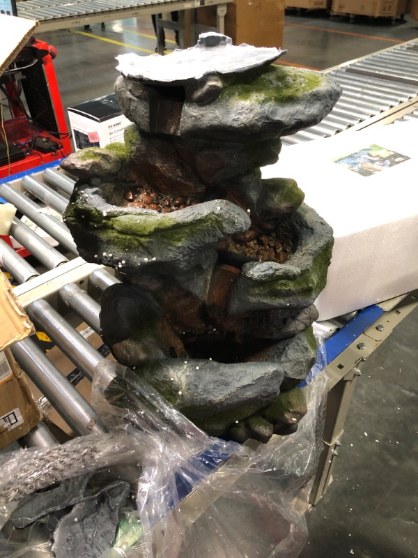 Photo 3 of Alpine Corporation WIN582 Tall Outdoor 3-Tier Rock Waterfall Fountain with LED Lights, 15"L x 13"W x 22"H, Gray/Beige