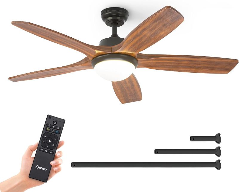 Photo 1 of Amico Ceiling Fans with Lights, 52 inch Indoor/Outdoor Ceiling Fan with Remote Control, Reversible DC Motor, 5 Blades, 3CCT, Dimmable, Damp Rated Wooden Ceiling Fan for Bedroom, Patio, Porch