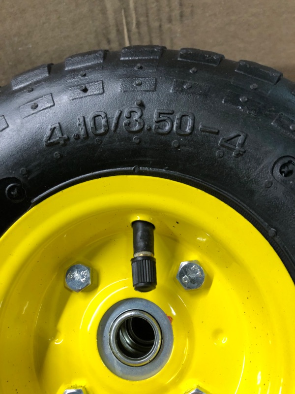 Photo 4 of (4 Pack) AR-PRO 4.10/3.50-4" All Purpose Utility Air Tires and yellow Wheel - with 10" Inner Tube, 5/8" Axle Bore Hole, 2.2" Offset Hub and Double Sealed Bearings for Hand Trucks and Gorilla Cart