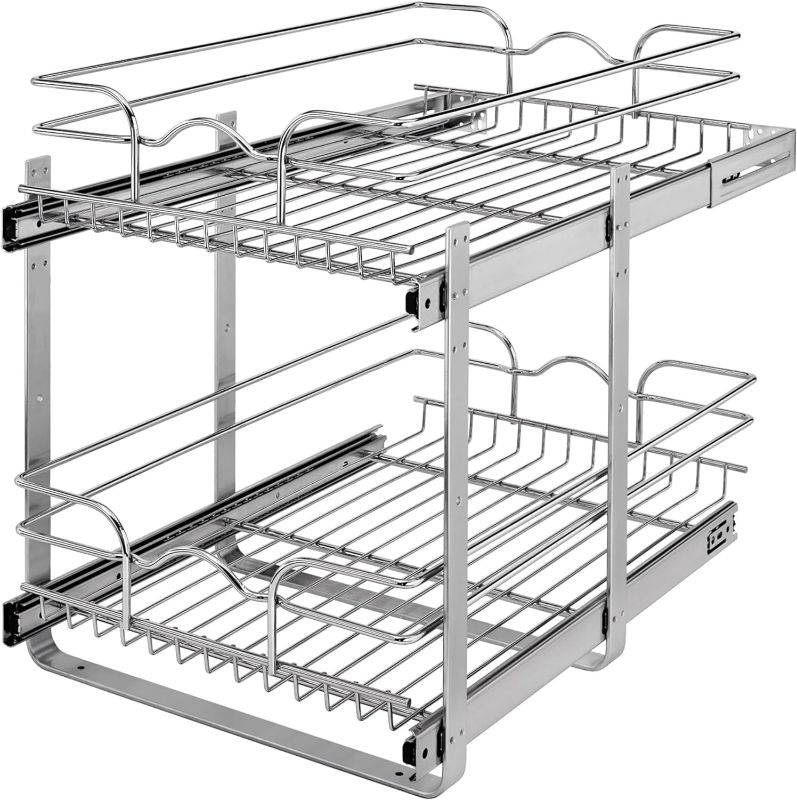 Photo 1 of 15 x 22 Inch Two-Tier Kitchen Organization Cabinet Pull Out Storage Wire Basket, Chrome