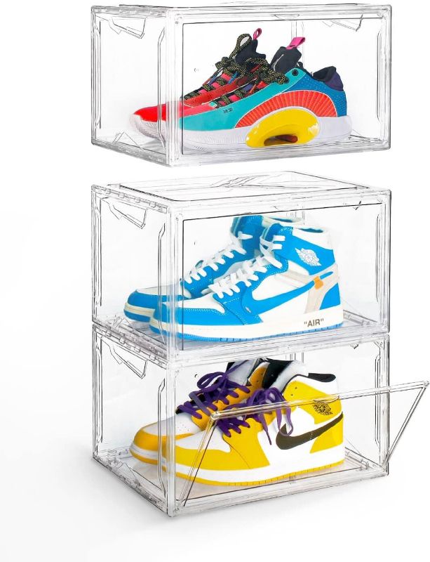 Photo 1 of Clear Shoe Boxes Stackable, 3 Pack Shoe Storage Box with Lids Magnetic Door, Full Clear Sneaker Storage Acrylic Boxes for Display, Fit Shoe Size Up to US 15
