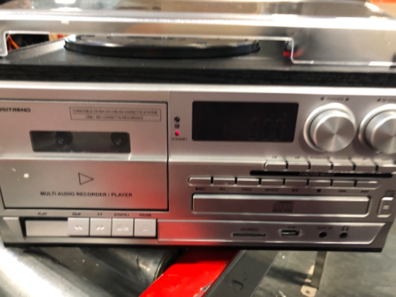 Photo 1 of MUSITREND 10 in 1 Record Player with Dual Stereo Speakers Vintage 3 Speed Turntable with Bluetooth AM FM Radio CD Cassette USB SD Play 3.5mm Headphone Aux-in RCA Line-Out (Black) Black-408Speaker